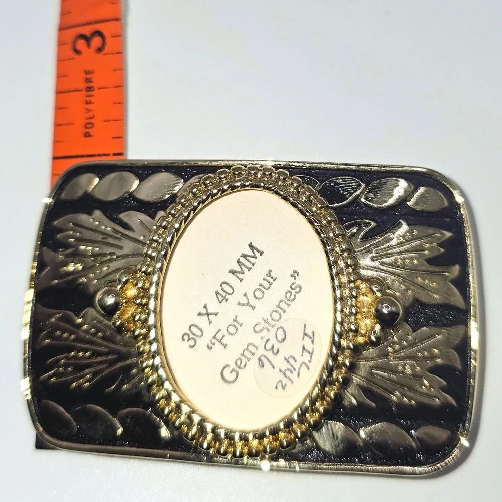 Vintage Goldt Tone Western Belt Buckle Blank Black Filigree Scrollwork‎ 30x40mm